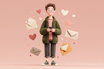 Person sending electronic greetings via email with envelope icons and hearts 