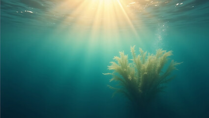 Sunlight streams through clear blue ocean water onto a solitary underwater plant