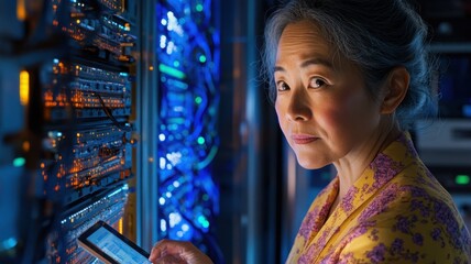 Middle-aged Asian woman reviewing cloud analytics in server room with glowing racks. Data scientist