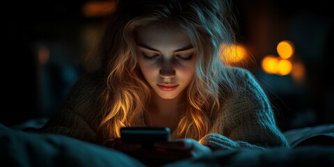 of a stressed young woman scrolling endlessly on her phone in bed, dark room lit by the screen glow
