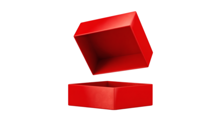 Red gift box open with lid floating above, creating surprise effect, isolated on transparent 
