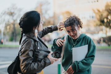 Two women share a moment of joy as one helps fix the other's hairstyle. The natural setting and...