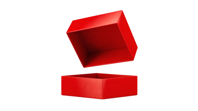 Red gift box open with lid floating above, creating surprise effect, isolated on transparent 