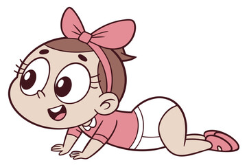 Obraz premium Vector cute Baby Girl cartoon character with a pink bow and a playful smile isolated on white background