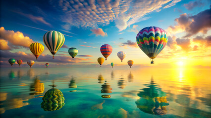 Fototapeta premium A colorful hot air balloons floating above a calm turquoise ocean at sunrise, soft golden light reflecting on the water, slight mist in the distance, dreamlike atmosphere, unique and unseen concept.