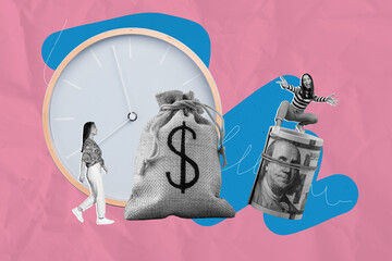 Banner creative poster art collage of two happy business partners girls stand dollar bag banknotes...