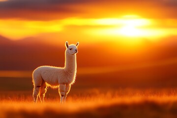 A lone alpaca stands in a golden field during a vibrant sunset with warm orange and yellow hues in the sky.