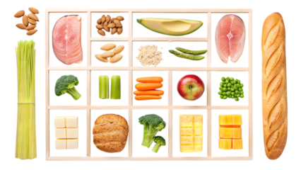 Healthy food assortment in wooden box diet concept on transparent background