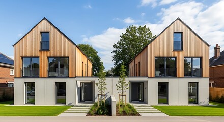 Modern twin houses with natural wood facades and concrete bases under a blue sky