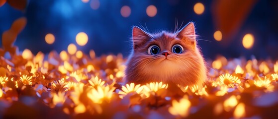 A fluffy cat with big eyes sits amidst glowing orange flowers under a dreamy blue and purple bokeh background.