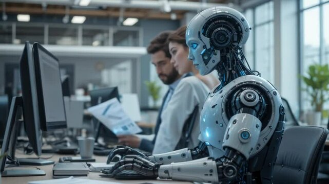 A working humanoid robot AI agent symbolizes agent autonomy and the automation of work by machines through displacement. 4k video