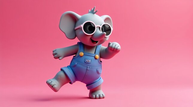 Cartoon elephant stands on pink background in a playful pose. Cartoon elephant wears sunglasses and denim overalls, its joyous appearance suggests a lighthearted mood.