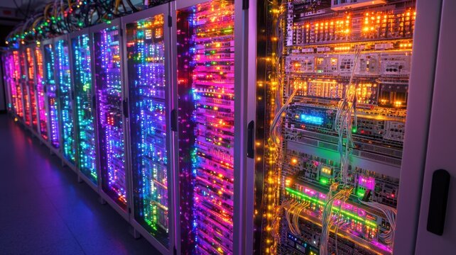 Server infrastructure in a glowing data center with rows of illuminated hardware and fiber optic cables. Data scientist