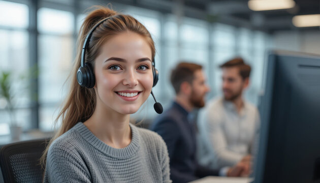 Straight hair smiling woman wears headset with light skin and casual sweater while working at computer in modern office
