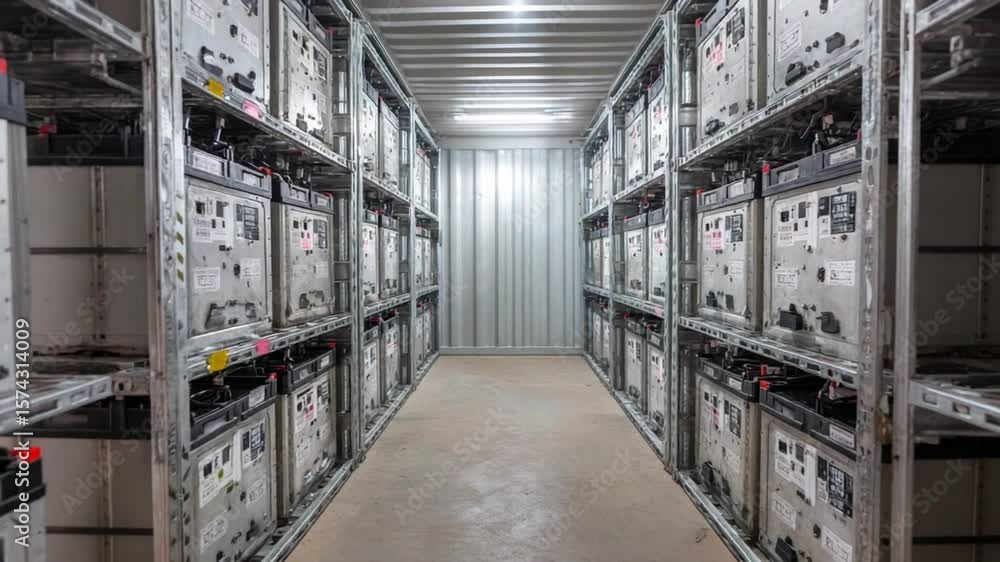 Poster industrial data center: an array of industrial batteries neatly arranged in a server room, illustrat