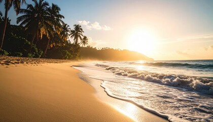 sunset beach landscape with golden sky, tropical palm trees, and gentle waves reflecting warm light across the sandy shore