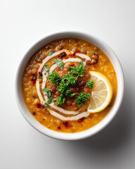 Turkish mercimek lentil soup garnished with yogurt swirl, parsley and lemon wedge
