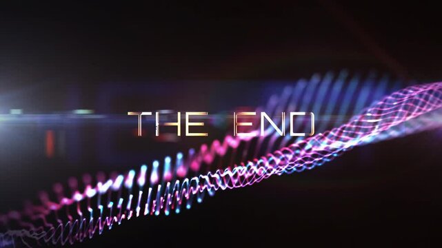 3D animation of The End golden text light animation with digital effect cinematic title on black abstract background.