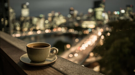 beautifully crafted coffee cup prominently placed in focus captures essence of serene urban landscape with blurred