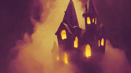 Haunted house, spooky night, fog, Halloween, decoration, illustration, fantasy, dark, mysterious, scary