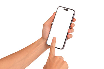 Hand using smartphone with blank screen isolated on transparent PNG.