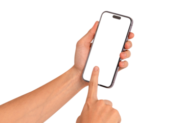 Hand using smartphone with blank screen isolated on transparent PNG.