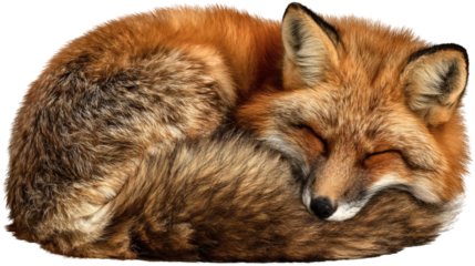 Red fox curled up sleeping tail tucked isolated on transparent background 
