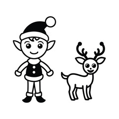 cute christmas elf and deer cartoon illustration