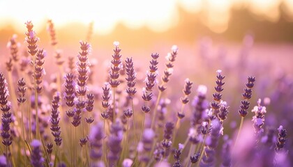 Fototapeta premium lavender field at golden hour with rows of vibrant purple blossoms stretching into distance beneath serene pastel sky