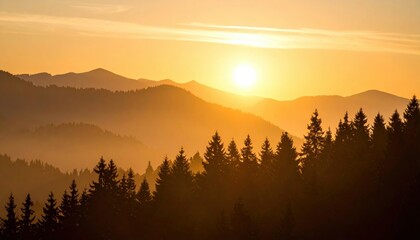 sunset over layered mountain forest with silhouetted trees and glowing sky creating tranquil depth and natural majesty