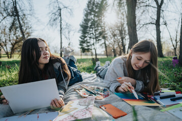 Two teenage girls lie outdoors in a park during daytime, engaging in painting activities and...