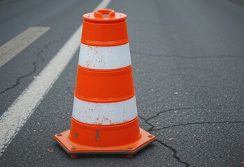 Cono de tráfico naranja resistente con franjas blancas reflectantes colocado sobre la carretera asfaltada