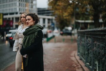 Two stylish women walking outdoors on a cloudy day in a city. The autumn setting, urban...