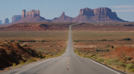 Fototapeta premium Desert highway stretching to distant red rock formations