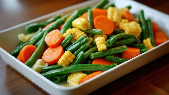 Vibrant Vegetable Medley: A colorful assortment of fresh, nutritious vegetables, including green beans, carrots, and corn, artistically arranged in a rectangular serving dish.