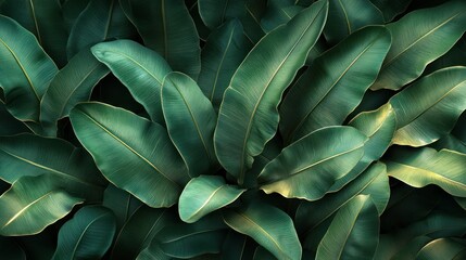 Fototapeta premium Lush, overlapping tropical leaves in deep greens and golds