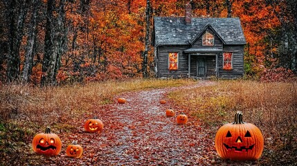 Jack-o'-lanterns lead to spooky autumn cottage