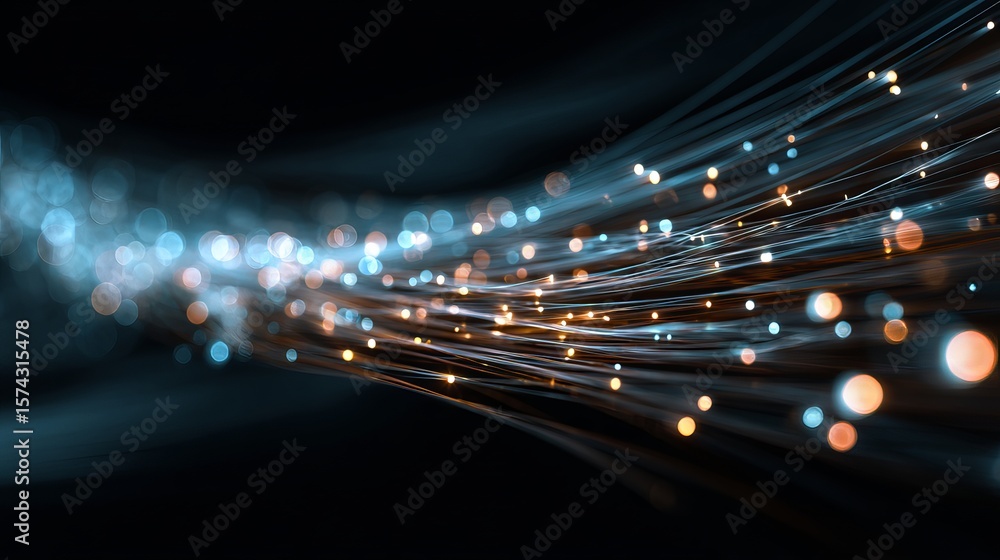 Aufkleber abstract depiction of flowing optical fibers with glowing light points against a dark backdrop creat