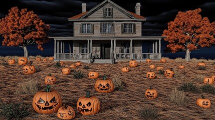 Haunted house, pumpkins, autumn, night, field, spooky, Halloween, digital art, card design
