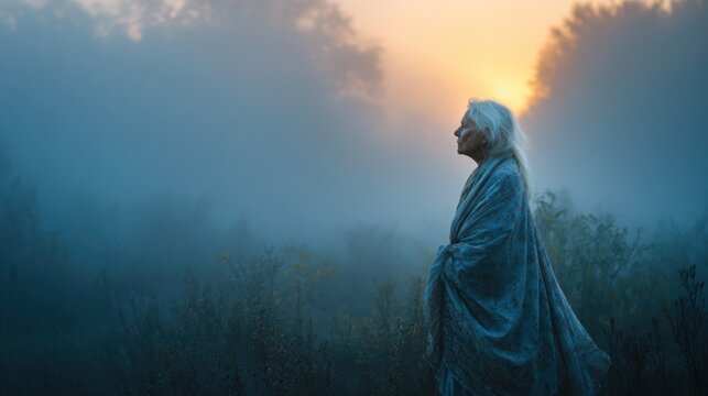 A contemplative senior woman swathed in a delicate shawl stands amidst the ethereal morning fog of a silent forest looking towards the glowing horizon embodying tranquility and a deep