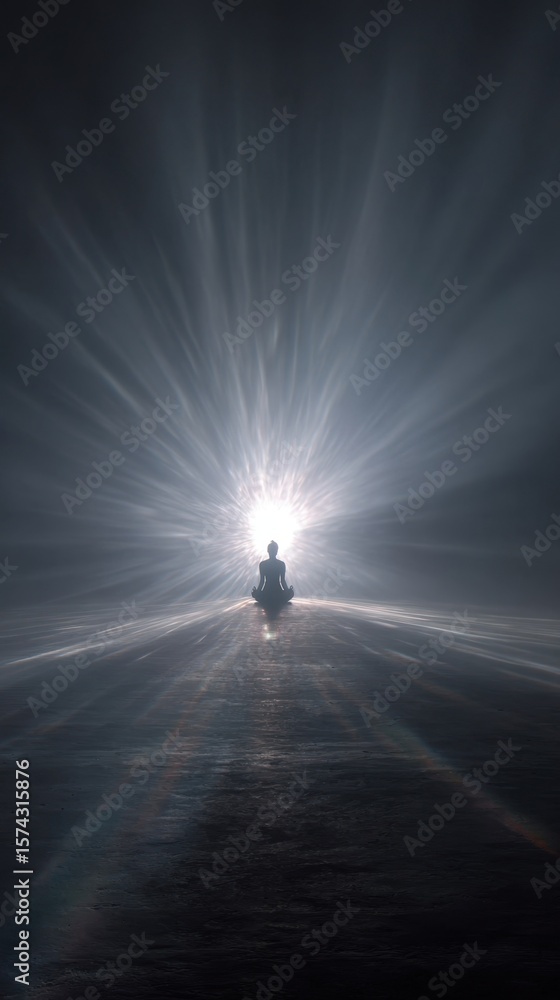 Poster radiant bubble of light bursting forth from a meditative figure symbolizing the connection between m