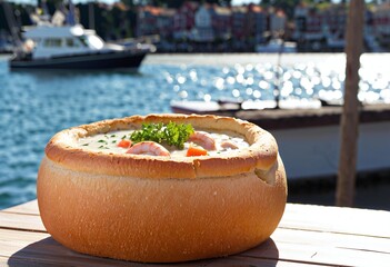 Portrait of a delicious seafood chowder served in a crusty bread bowl at the harborside