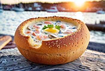 Portrait of a delicious seafood chowder served in a crusty bread bowl at the harborside