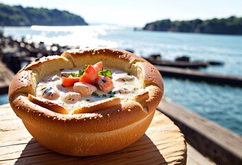 Portrait of a delicious seafood chowder served in a crusty bread bowl at the harborside