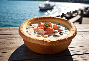 Portrait of a delicious seafood chowder served in a crusty bread bowl at the harborside