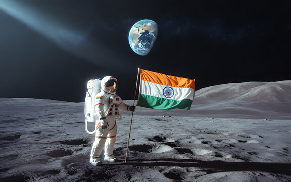 Indian astronaut on the moon plants flag against Earth backdrop, showcasing space exploration and India's lunar achievement.
