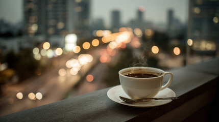 beautifully crafted coffee cup prominently placed in focus captures essence of serene urban landscape with blurred