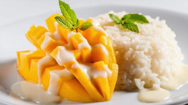 Tropical Delight: A vibrant, photorealistic shot of Thai Mango Sticky Rice, displaying a yellow mango with unique cut shape, coupled with sticky rice and a touch of mint on top, on a white plate.