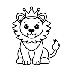 cute lion cub with crown black and white outline