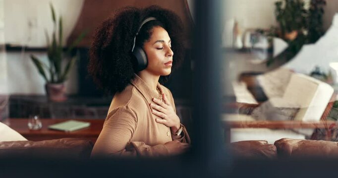 Peace, headphones and woman in home with meditation music for relax, calm and deep breath. Mindfulness audio, radio and African person listen to podcast or streaming emotional song for stress relief